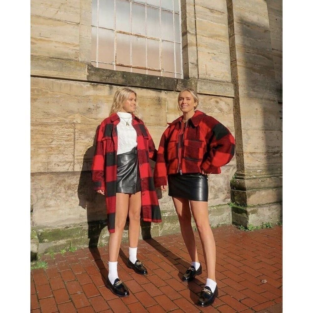 Plaid Shacket Shirt Jacket H&M Bloggers Red Black - Picture 2 of 7